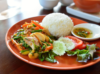  spicy food fried pork with basil leaf
