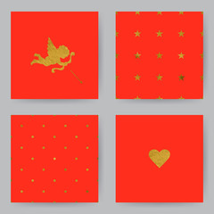 Valentines cards with golden elements and seamless patterns. For invitation, poster, banner, cover or holiday decor. Vector templates