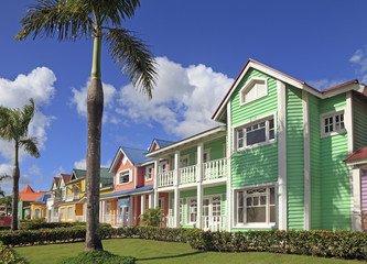 The wooden houses painted in Caribbean bright colors in Samana, Dominican Republic - obrazy, fototapety, plakaty