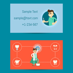 Professional business card template for dentists with cartoon man in medical uniform on blue and orange background, vector illustration. Dental office or clinic visiting card. Dental care concept