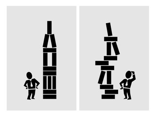 Business building blocks illustration. Successful and unsuccessful setup.