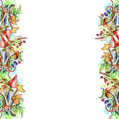 Watercolor Vintage frame postcard. With a bouquet of plants, mushrooms, berries, leaves, wild herbs and flowers. With a place for an inscription