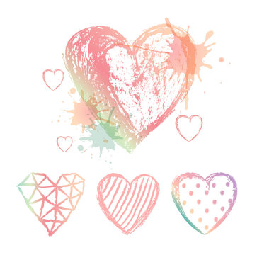 Vector set hand drawn hearts. Colour aquarelle blots.