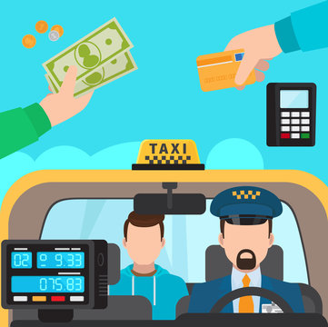 Inside Taxi Passenger And Driver. Payment Methods Vector Illustration