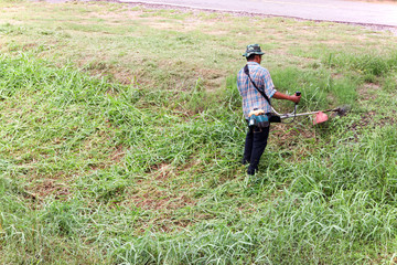 Worker cutting grass