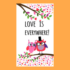 Owl Happy Valentines Day vertical flyer vector illustration