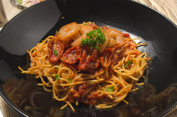 Seafood pasta Spaghetti with Clams, Prawns, Seafood Cocktail in