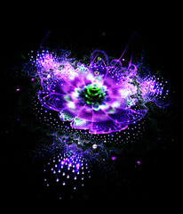 Abstract exotic flower with glowing sparkles on black background. Fantasy fractal design in purple, green and blue colors. Psychedelic digital art. 3D rendering.