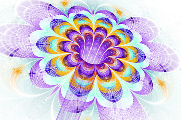Abstract exotic flower on black background. Fantasy fractal artwork in yellow, orange, purple and blue colors. 3D rendering.