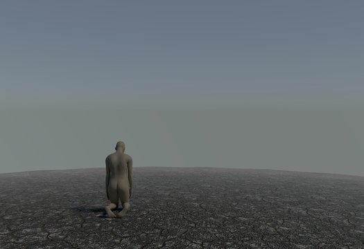 One man kneeling in a desert with cracked soil 3d illustration