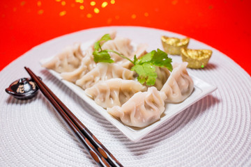 Chinese Jiaozi with sauce on red background. People will eat Jiaozi during Chinese New Year.It means earning more money.Red Chinese text is "spring".Golden Chinese text is "flower, moon, bird, wind".
