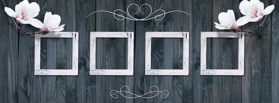 Vintage card with photo frames and magnolia