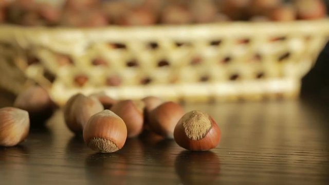filbert nuts. Placer in a wicker basket, close-up