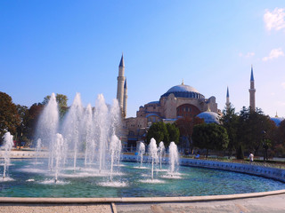 Fototapeta na wymiar Artificial fountain in front of Church of St. Sophia,Istanbul,Turkey.