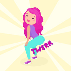 Smiling girl dancing twerk. Booty dance. Cartoon illustration. 