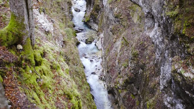 Tilting over running stream of water inside green canyon in Slovenia 4K
