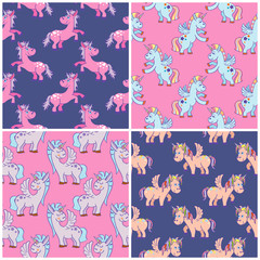 Vector hand drawn unicorns seamless patterns set