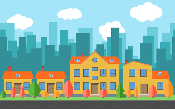 Vector city with cartoon houses and buildings. City space with road on flat style background concept. Summer urban landscape. Street view with cityscape on a background
