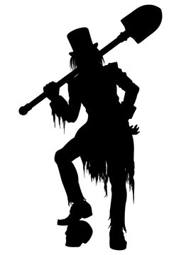 Silhouette Gravedigger with a shovel, Illustration gravedigger in victorian ragged clothes and top-hut. He leans on a skull