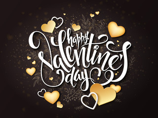 Vector happy valentines day lettering with golden hearts