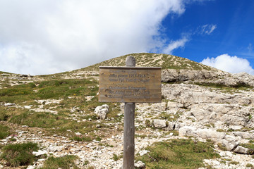 Via ferrata Alpinisteig sign in Sexten Dolomites mountains in South Tyrol, Italy