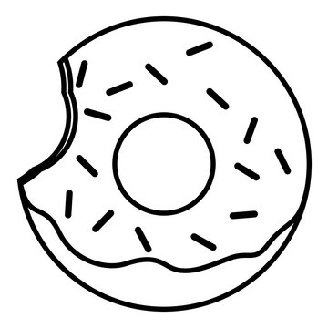 Bitten Pink glazed ring donut with sprinkles. Thin line linear vector illustration