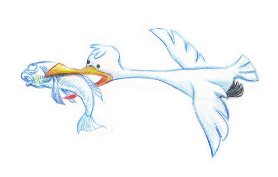 Seagull flying cartoon character hand drawn pencil sketch on paper