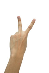 Close up Person hand showing two fingers on white background isolated