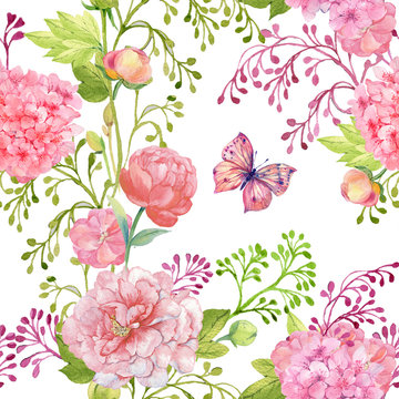 seamless pattern for fabric,Wallpaper. Watercolor peonies and pink flowers and butterfly on white background