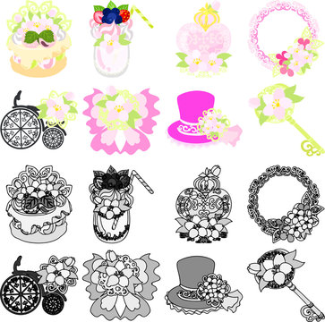 The cute icons of cherry blossom such as cake and smoothie and perfume and wreath and bicycle and ribbon and silk hat and key
