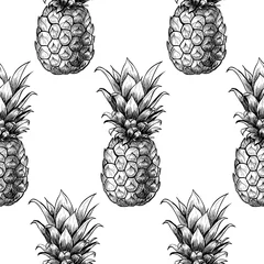 Wall murals Pineapple Vector pineapples hand drawn sketch.  Vector seamless pattern.  Vintage style