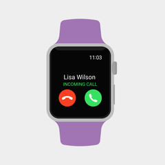 Smartwatch displaying incoming call. Modern flat vector illustration.
