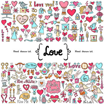 Vector set with hand drawn isolated colored doodles on the  theme of love. Symbols of Valentine's Day