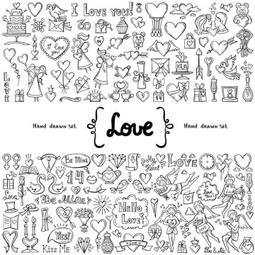 Vector set with hand drawn isolated doodles on the  theme of love. Symbols of Valentine's Day