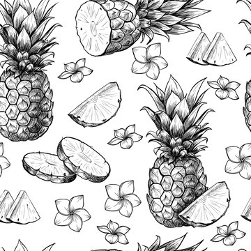 Vector pineapples hand drawn sketch with flowers.  Vector seamless pattern.  Vintage style