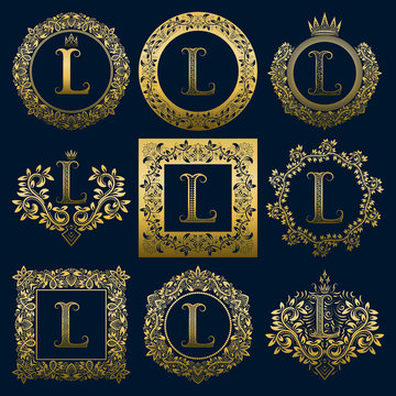 Vintage monograms set of L letter. Golden heraldic logos in wreaths, round and square frames.