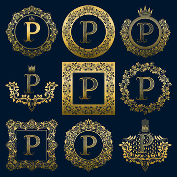 Vintage monograms set of P letter. Golden heraldic logos in wreaths, round and square frames.