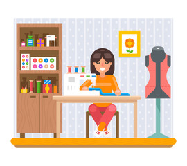 Sewing Hobby Work at Home Craft Flat Design Vector Illustration