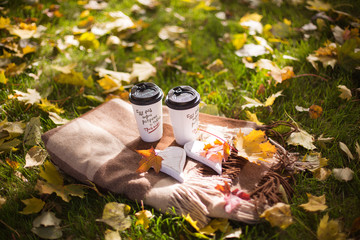 Two cup of coffee for couple, joy mood, sunshine, autumn,