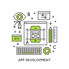 Vector Icon Style Illustration of Application Development Process. Interface, layout and performance optimization progress