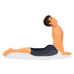 Sporty young boy going yoga stretching on white background.