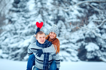 Fototapeta na wymiar winter valentine couple in ice landscape, snow