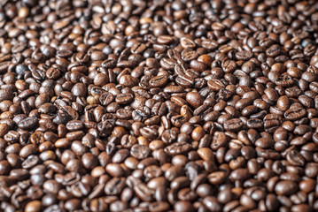 Coffee beans concept on wooden table background.