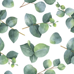 Watercolor vector seamless pattern with silver dollar eucalyptus leaves and branches.