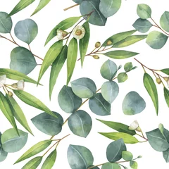 Gordijnen Aquarel vector naadloze patroon met eucalyptus bladeren en takken. © ElenaMedvedeva