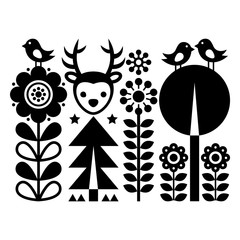 Naklejka premium Scnandinavian folk art pattern - Finnish inspired, Nordic style with flowers, deer, and birds