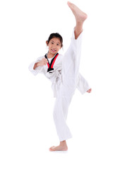 Asian taekwondo girl on with background.