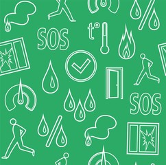 Alarm, background, seamless, fire detectors, humidity, motion, temperature, green, contour. Vector flat background with pictures of alarm for alarm sensors. White line icons on a green field.  