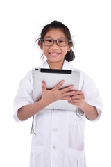 Young female doctor using tablet - isolated over a white backgro