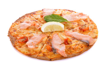 pizza with smoked salmon isolated on white.